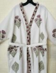 GPT Stylish White Cotton Bathrobe with Block Printed Tulip and Trellis Embroidery