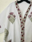 GPT Stylish White Cotton Bathrobe with Block Printed Tulip and Trellis Embroidery