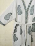 Block-Print Paisley Cotton Bathrobe for Women - White, Blue