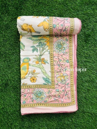 Bird Print Lightweight Summar Cotton Dohar for Single Bed - White, Pink - (60*90) Inches