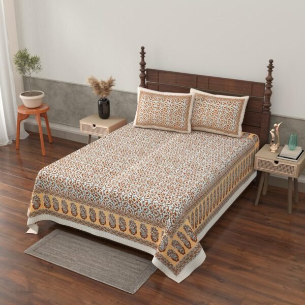 Grace- Sanganeri Print Cotton Single Bedsheet with 2 Pillow Covers - Peach (70 x 100 Inches)
