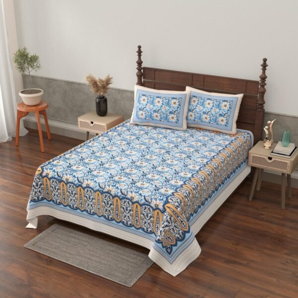 Grace- Sanganeri Print Cotton Single Bedsheet with 2 Pillow Covers - Blue (70 x 100 Inches)