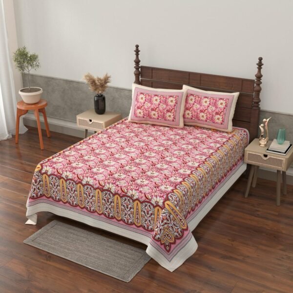 Grace- Sanganeri Print Single Bedsheet with 2 Pillow Covers - Pink (70 x 100 Inches)