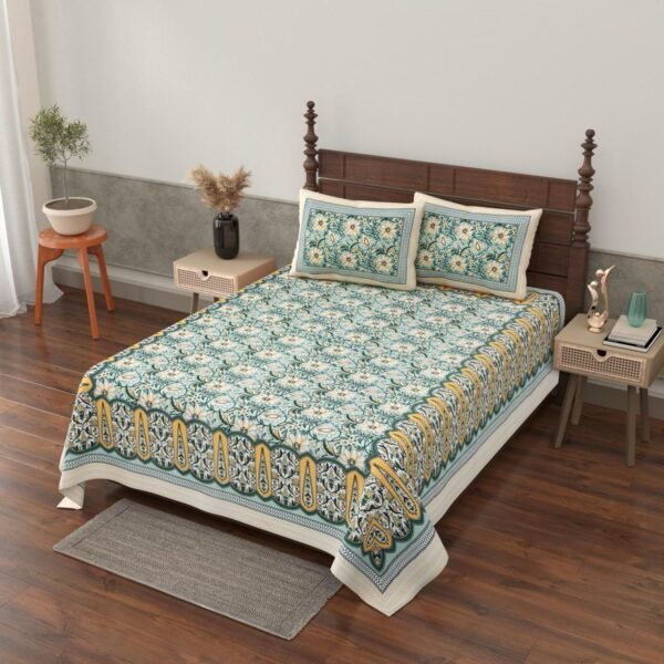 Grace- Sanganeri Print Cotton Single Bedsheet with 2 Pillow Covers - Green (70 x 100 Inches)