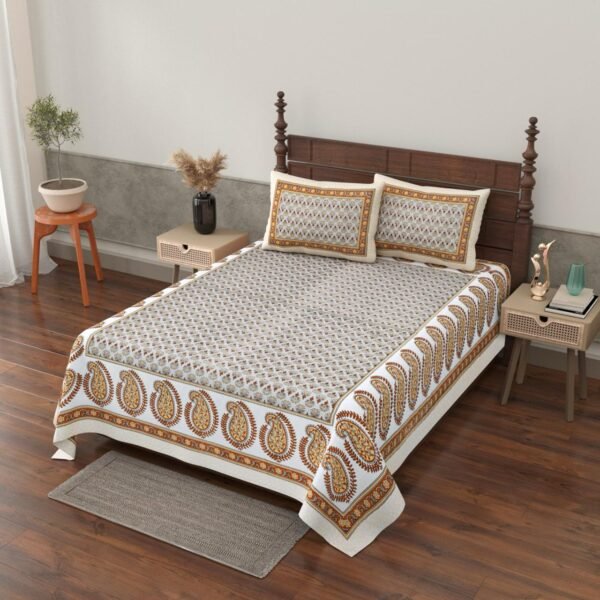 Grace- Sanganeri Print Single Bedsheet with 2 Pillow Covers - Grey (70 x 100 Inches)