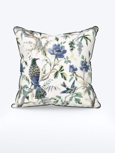 Quilted Cotton Cushion Covers Bird Print - 16x16 Inches, Set of 5, Blue