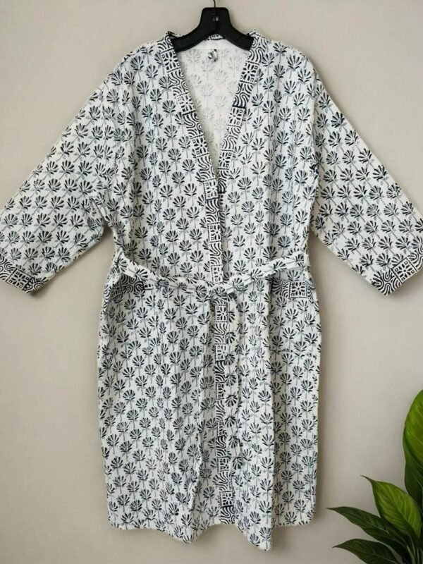 Block Printed Mughal Motif Waffle Cotton Bathrobe for Women - Super- Absorbent, Navy Blue