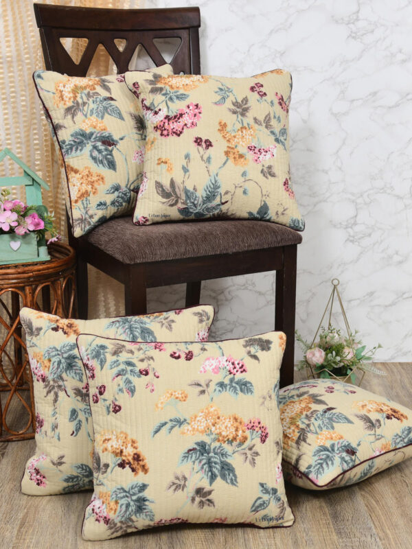 Quilted Cotton Cushion Covers Bird Print - 16x16 Inches, Set of 5, Beige