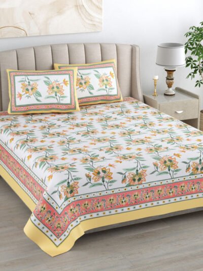 Floral Print Dohar Bedding Set | Bedsheet & Dohar Blanket Set - Orange