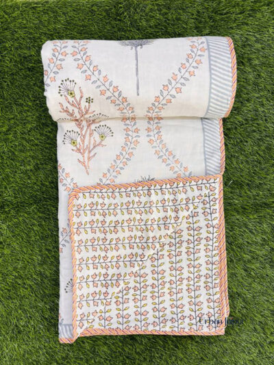 Lightweight Mulmul Cotton Dohar for Double Bed – Floral Print |Pink, White