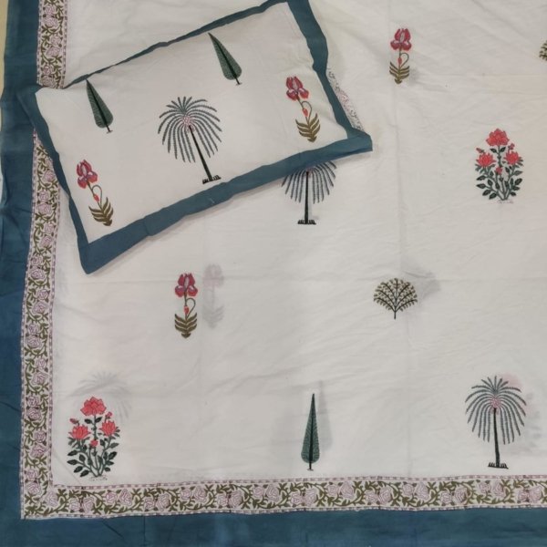 Harmony- Hand Block Printed King-Size Cotton Bedsheet with Palm & Floral Motifs - Slate Blue Border