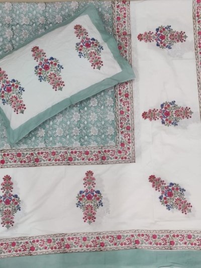 King-Size Percale Cotton Bedsheet with HandBlock Bouquet Prints - Teal & Red