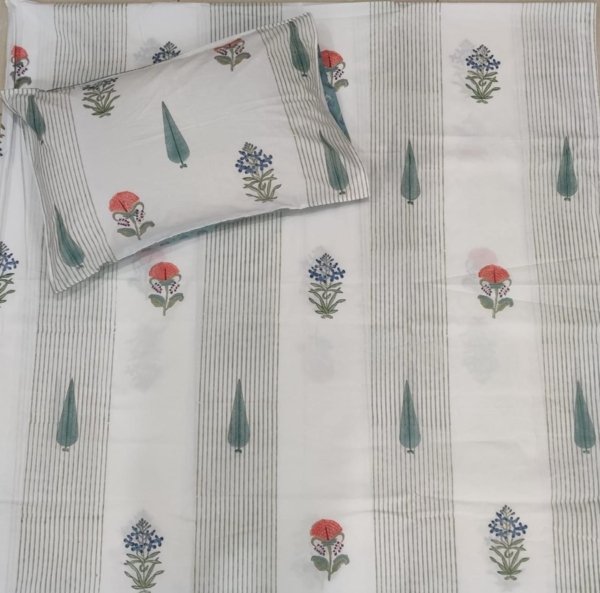 King-Size Percale Cotton Bedsheet Set with HandBlock Lavender & Carnation Motifs - White, Green