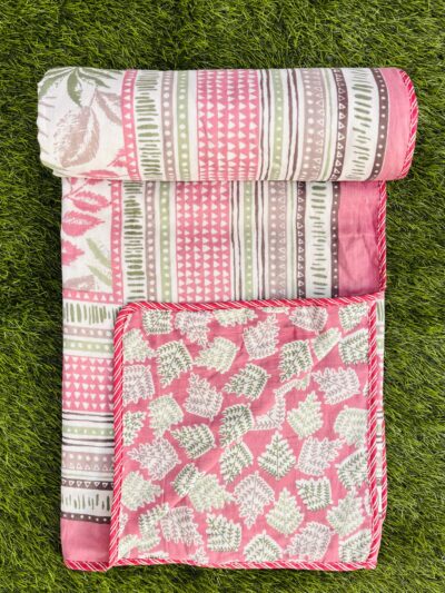 Pure Cotton 3-Layer Pink Jaipuri Dohar – Single Bed Blanket for Everyday Use