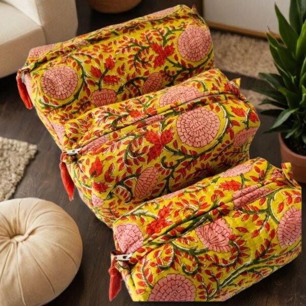 Block Printed Set of 3 Cute Toiletry Bags, Pouch- Floral Print, Yellow