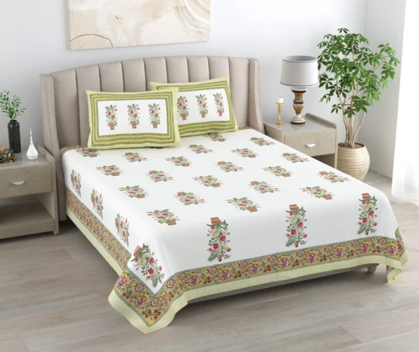Kaya - Jaipuri Sanganeri Print Double Bed King Size Bedsheet, White, Blue
