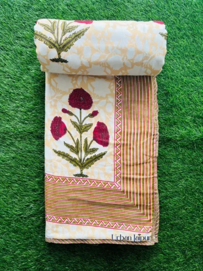 Floral Print Mulmul Cotton Dohar for Double Bed – Red, Yellow