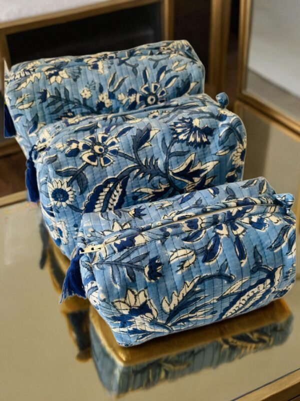 Block Printed Set of 3 Cute Toiletry Bags, Pouch- Floral Print, Blue