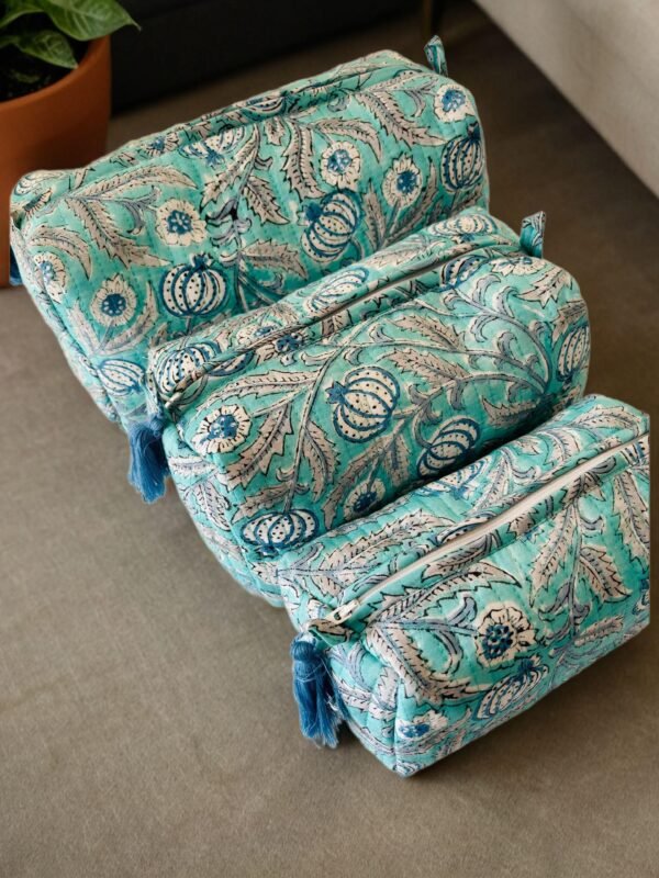 Block Printed Set of 3 Toiletry Bags / Pouch- Floral Print, Blue