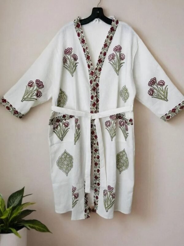 Stylish White Cotton Bathrobe with Block Printed Tulip and Trellis