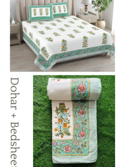 kaya white green bedsheet and dohar set