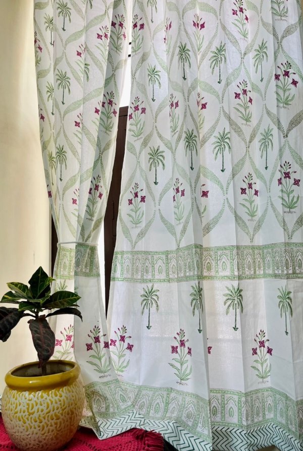 Kala - Tropical Bliss Handblock Printed Cotton Curtain, Green, 4x7 Feet