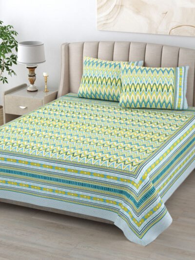 Ikat Pattern Cotton Double Bed Sheet King Size - Green, Blue