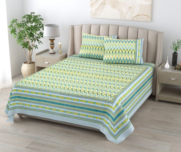 Ikat Pattern Cotton Double Bed Sheet King Size - Green, Blue