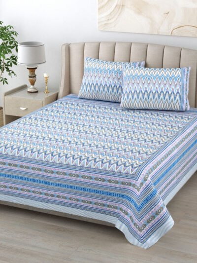 Ikat Pattern Cotton Double Bed Sheet King Size - Blue