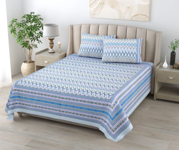 Ikat Pattern Cotton Double Bed Sheet King Size - Blue