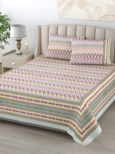 Kaya - Ikat Pattern Cotton Double Bed Sheet King Size - Purple, Green