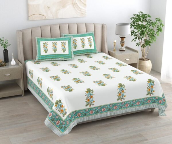 Kaya - Sanganeri Print Double Bed King Size Bedsheet- Green,Orange