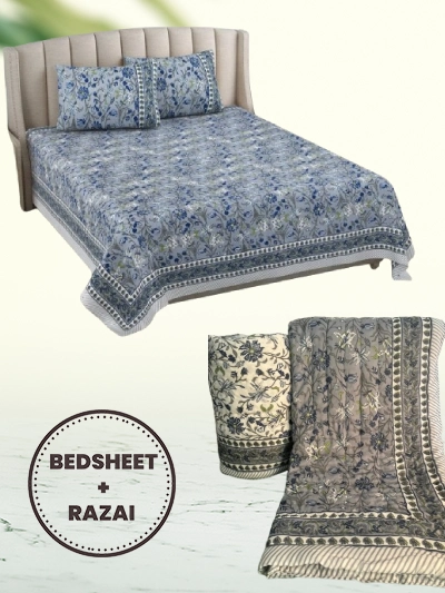 Razai Set - Set Of 4 Pcs - Mughal Print Razai Bedding Set (Bedsheet & Quilt Set)