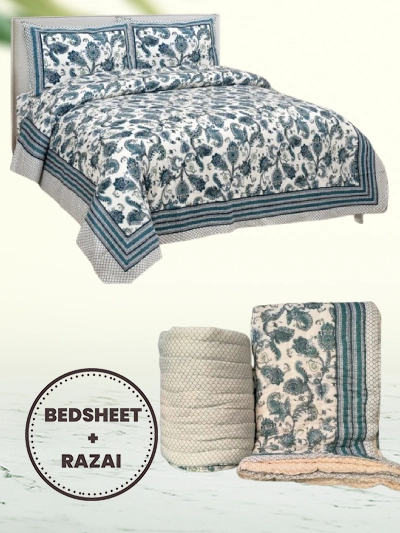 Razai Set - Set Of 4 Pcs - Blue Paisley Print Razai Bedding Set (Bedsheet & Quilt Set)