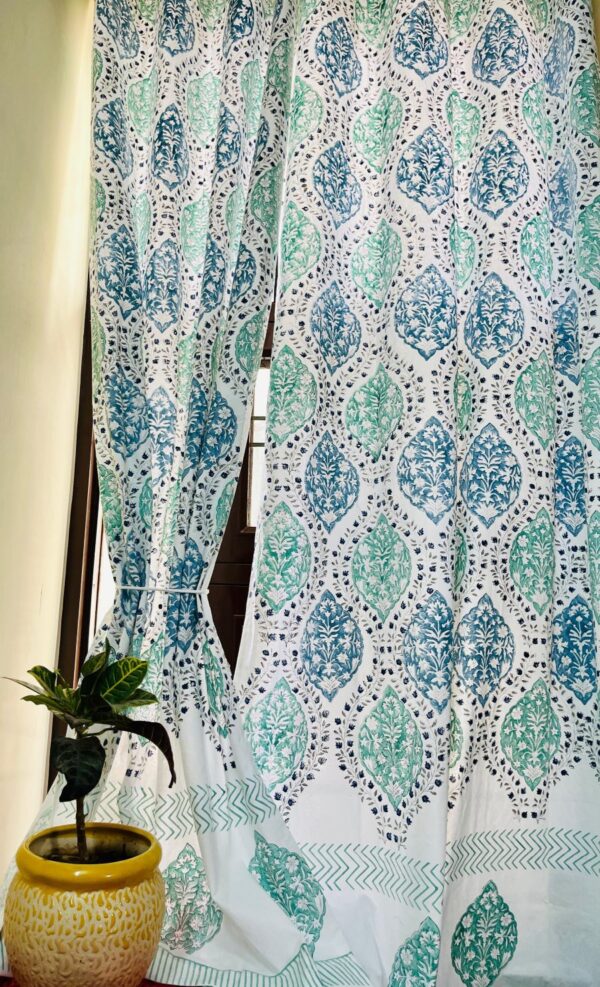 Kala - Handblock Print Curtains, Blue & Green Cotton Curtain, 4×7 Feet | Printed Curtains