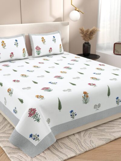 Jaypore - Floral Print Double Bed Bedsheet with Wildflower Accents - White, Blue