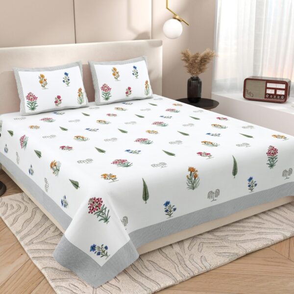 Jaypore - Floral Print Double Bed Bedsheet with Wildflower Accents - White, Blue