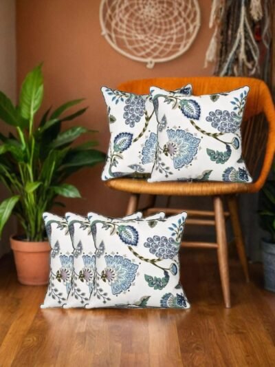 Quilted Cotton Cushion Covers Peacock Print - 16x16 Inches, Set of 5, Blue