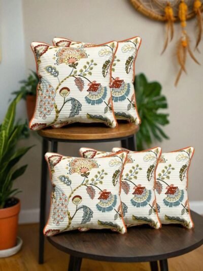 Quilted Cotton Cushion Covers Peacock Print - 16x16 Inches, Set of 5, Multicolor