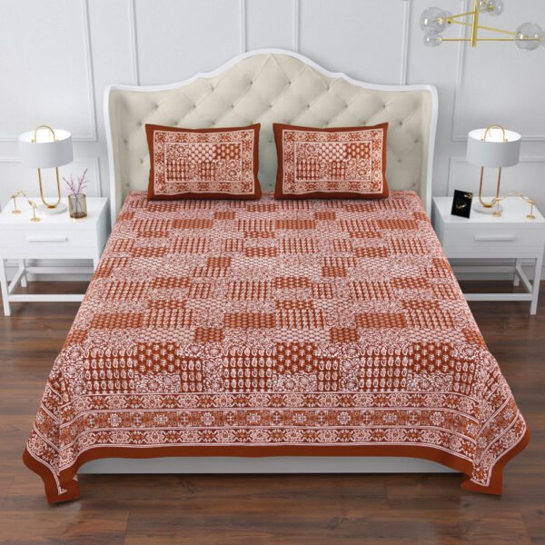 Dabu- Geometric Print Burnt Orange Bedsheet Set ( 95x108 IN)