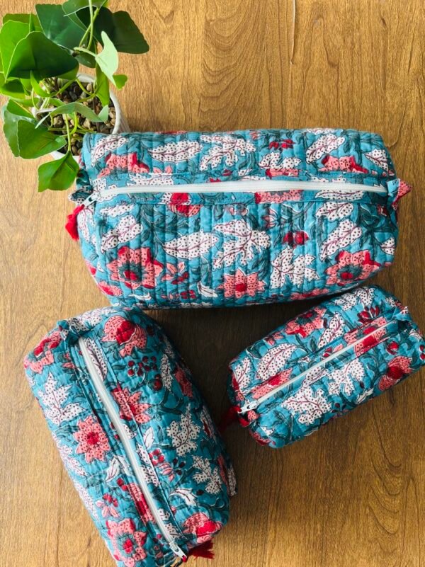 Handblock Printed Set of 3 Cute Toiletry Bags, Multipurpose Pouch (Large, Medium, and Small) -Blue