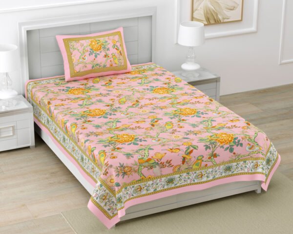 Kaya- Pink Base Bird Printed Pure Cotton Single Bedsheet Set