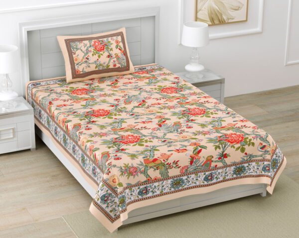 Kaya- Peach Base Bird Printed Pure Cotton Single Bedsheet Set