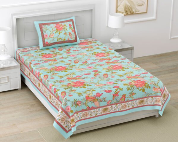 Kaya- Blue Base Bird Printed Pure Cotton Single Bedsheet Set