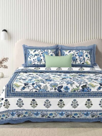 Jaypore - Floral Print Pure Cotton Double Bed Bedsheet - Blue