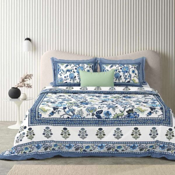 Jaypore - Floral Print Pure Cotton Double Bed Bedsheet - Blue