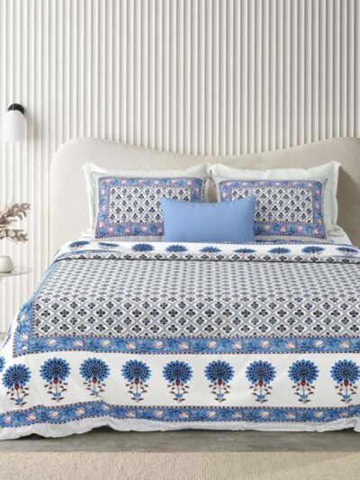 Jaypore - Regal Elegance Floral Print Pure Cotton Double Bed Bedsheet - Blue