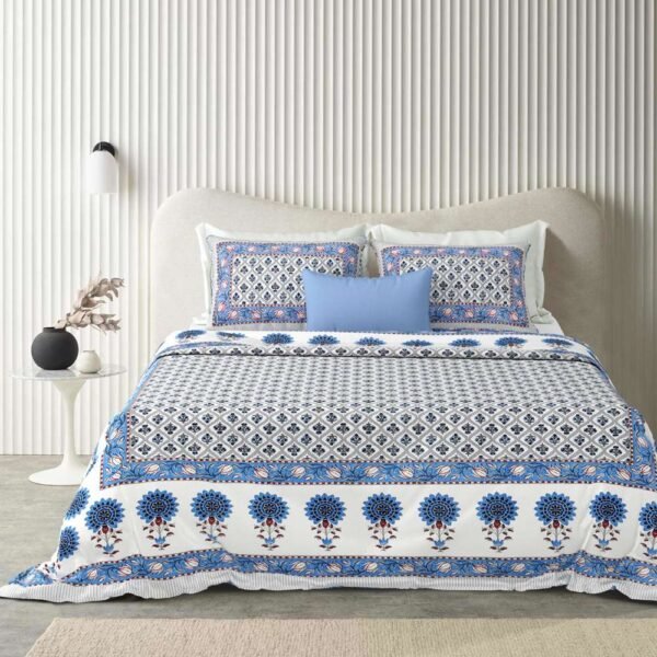 Jaypore - Regal Elegance Floral Print Pure Cotton Double Bed Bedsheet - Blue