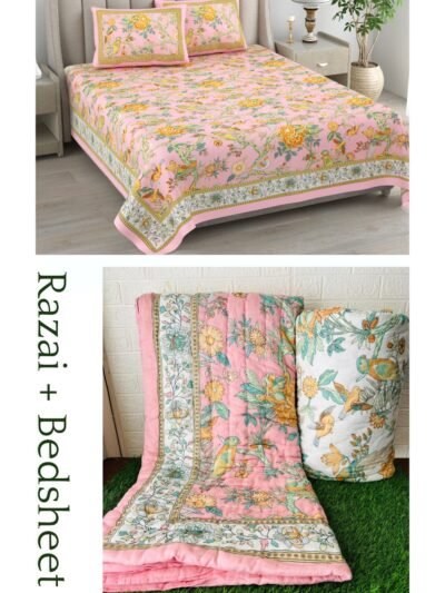 Razai Set - Set Of 4 Pcs - Pink Bird Print Razai Bedding Set (Bedsheet + Cotton Quilt)