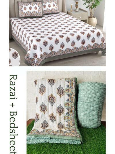 green buta bedding set - bedsheet + razai